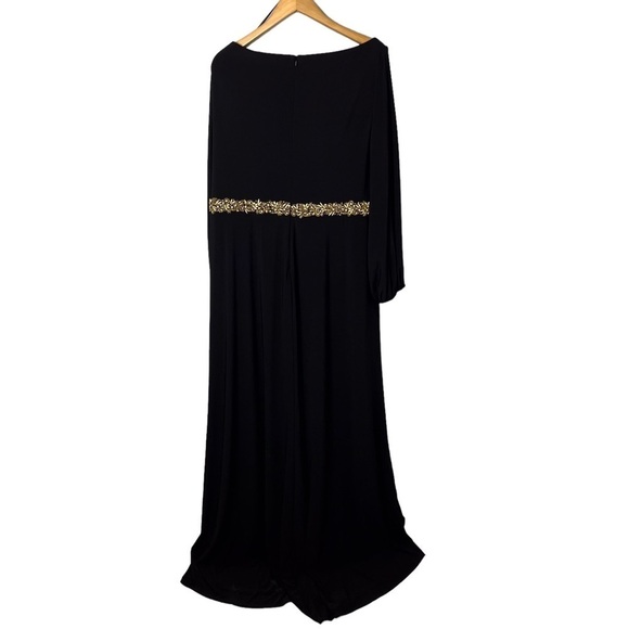 Mac Duggal Jersey V Neck Maxi Dress Gold Beaded Size 20 Leg Slit Formal - Picture 8 of 12